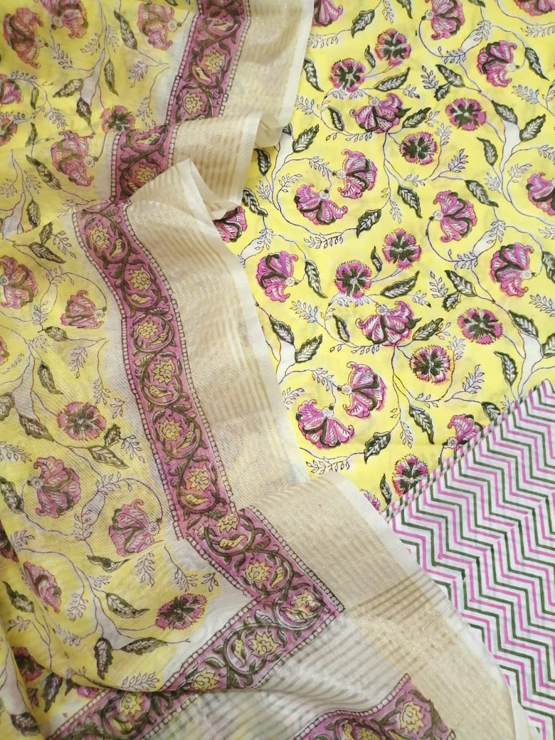 Pink Olive Jaal On Lemon Yellow Gadd Hand Block Suit Chanderi