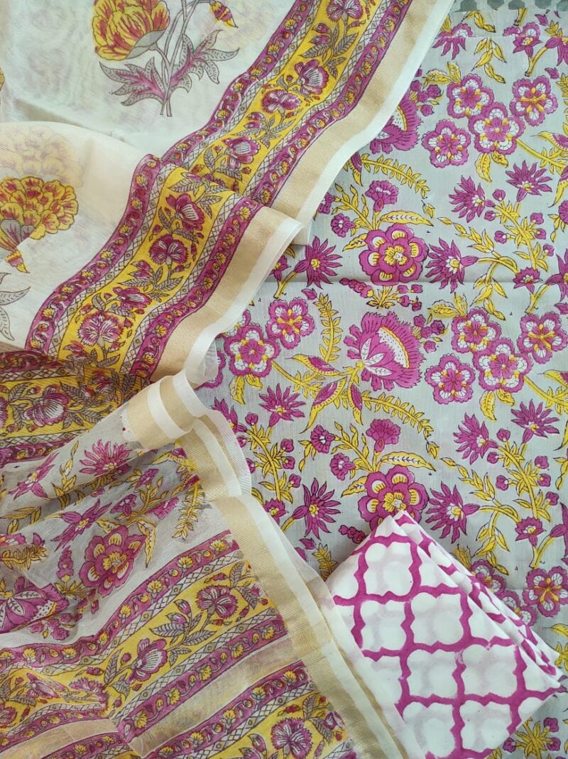 Pink Yellow Jaal Hand Block Print Suit New