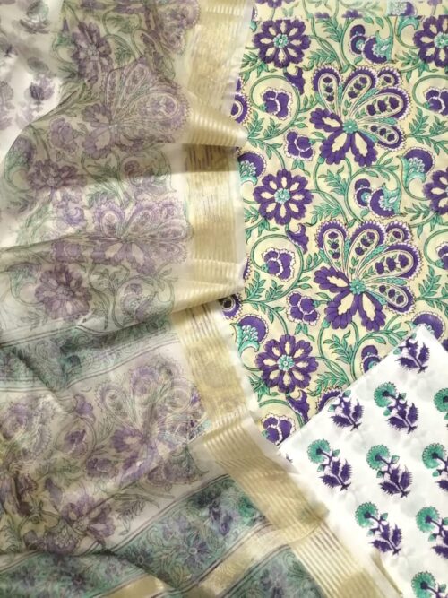 Purple Rama Green Jaal Hand Block Printed Suit Organza