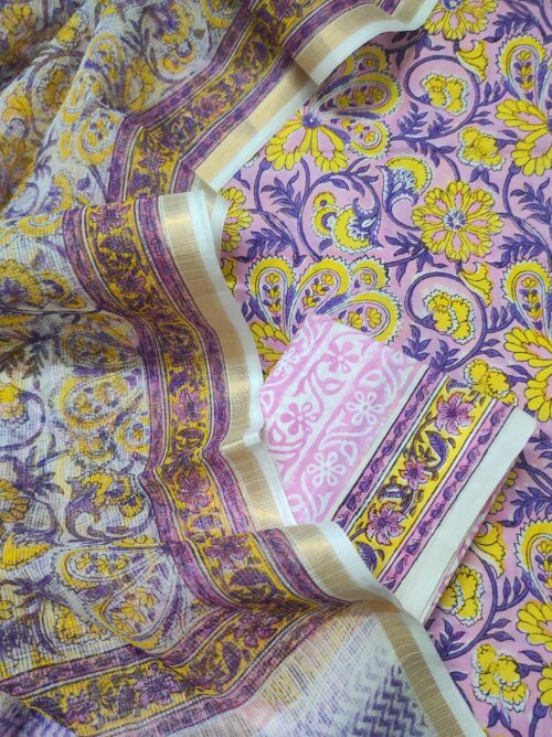 Pink Purple Yellow Jaal Hand Block Print Suit