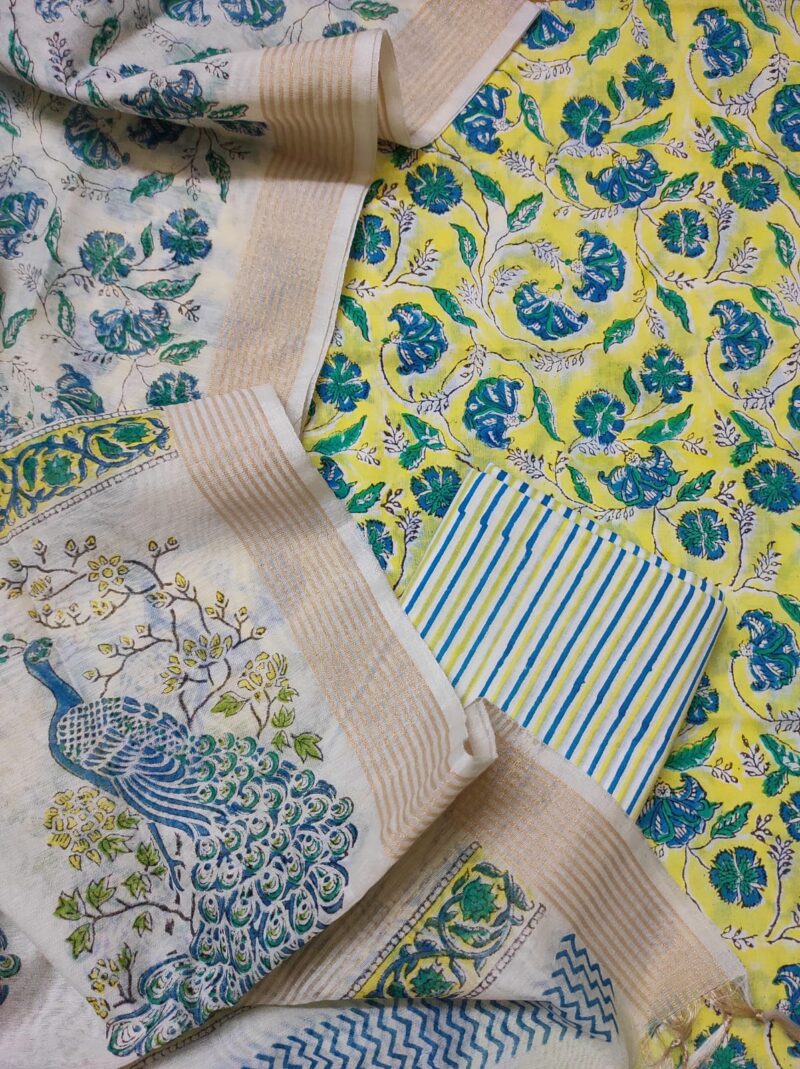 Yellow Turquoise Jaal Hand Block Print Suit