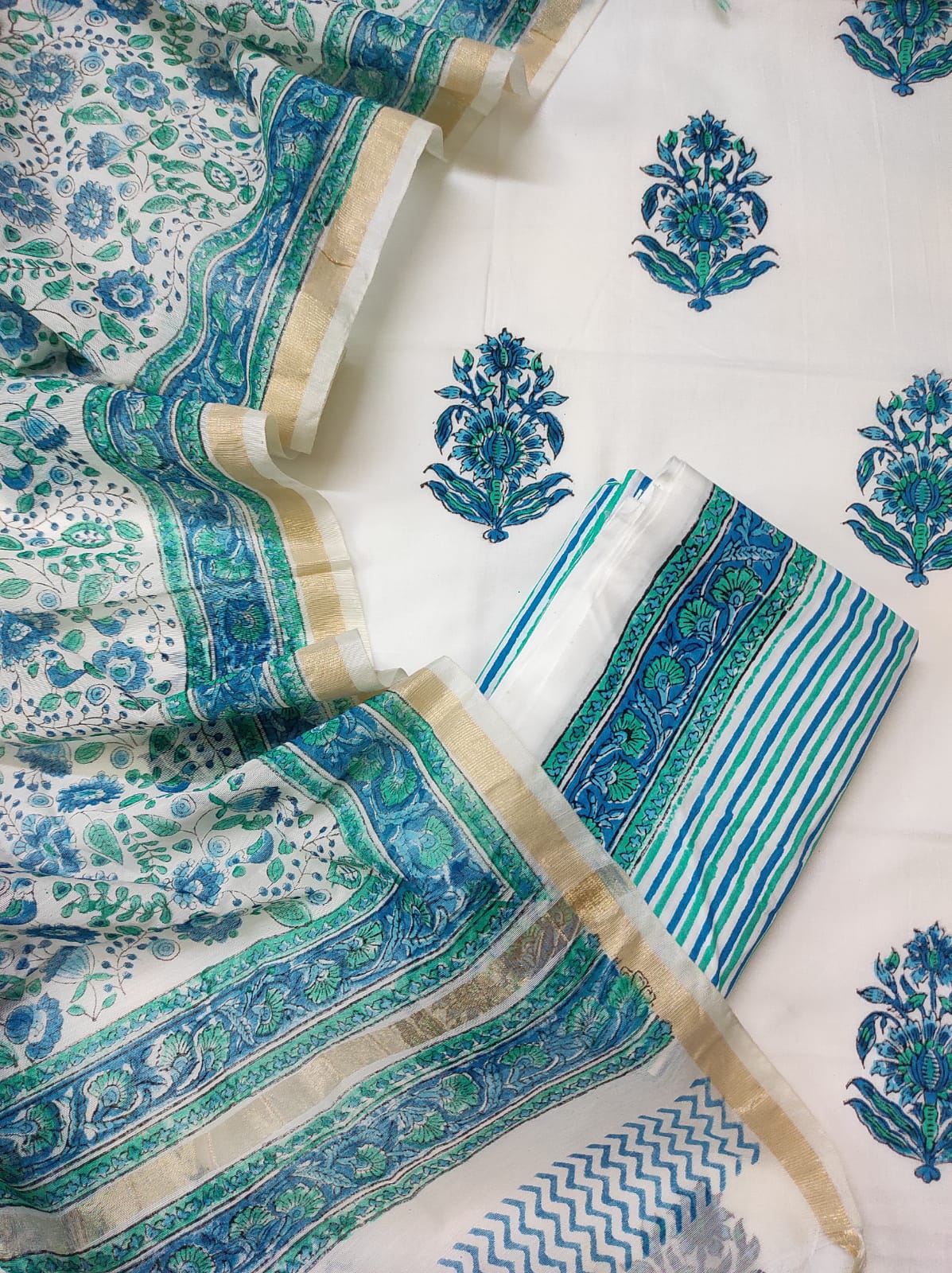 Green & Blue Boota Hand Block Printed Suit – Rangsaa Jaipur