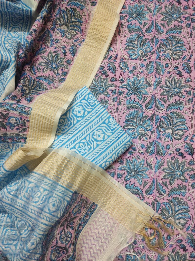 Baby Pink Blue Grey Jaal Hand Block Print Suit