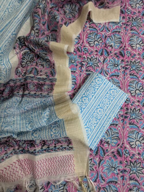 Baby Pink Blue Grey Jaal Hand Block Print Suit1