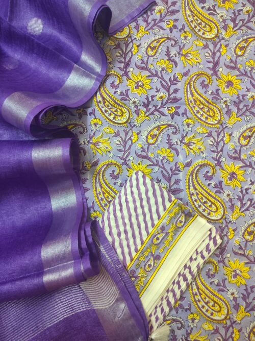 Purple Yellow Jaal Hand Block Printed Suit