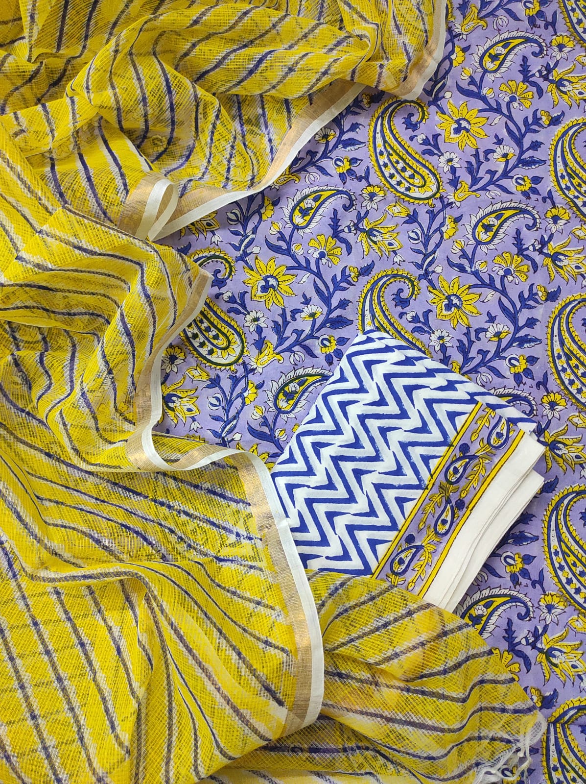 Blue Yellow Leheriya Hand Block Printed Suit – Rangsaa Jaipur
