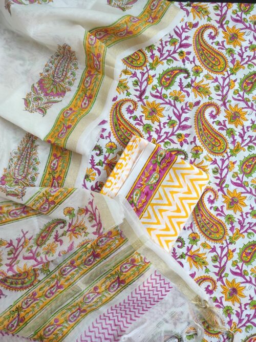 Pink Green & Yellow Jaal Hand Block Printed Suit New