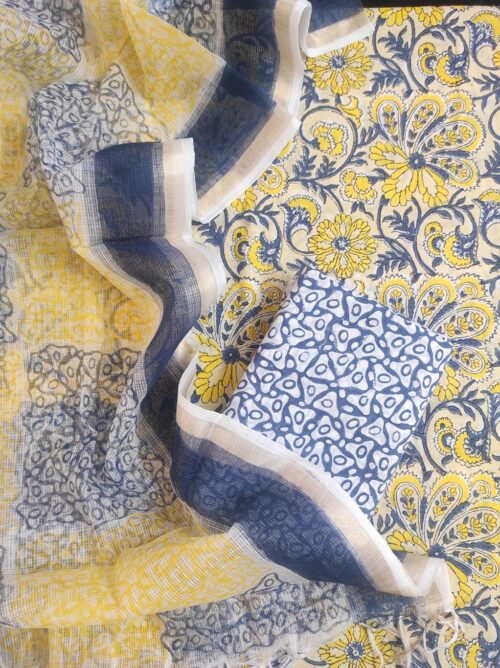 Bluish Grey & Yellow Jaal Hand Block Printed Suit-new