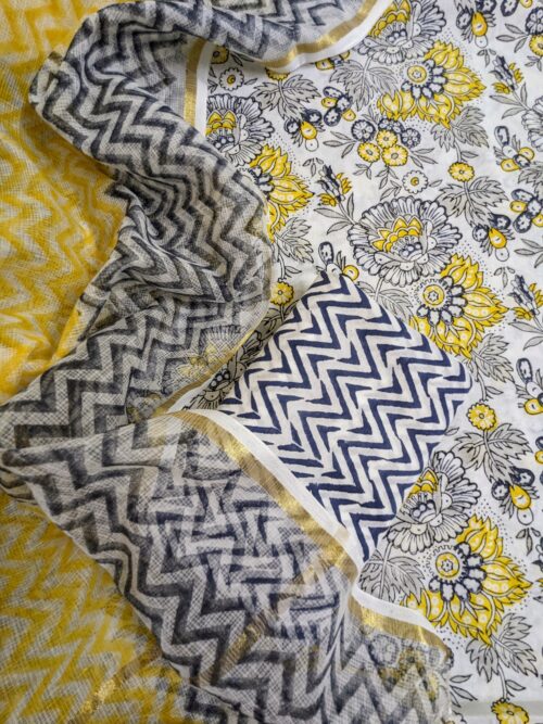 Grey Yellow Flowery Jaal Hand Block Print Suit New