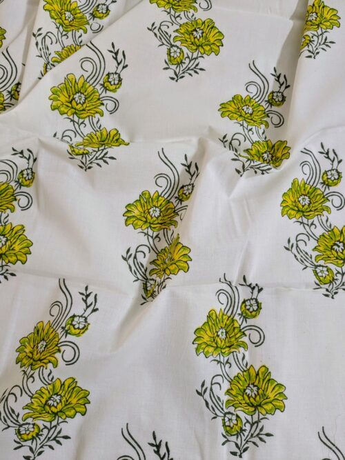 Green Yellow Flower Block Print Fabric