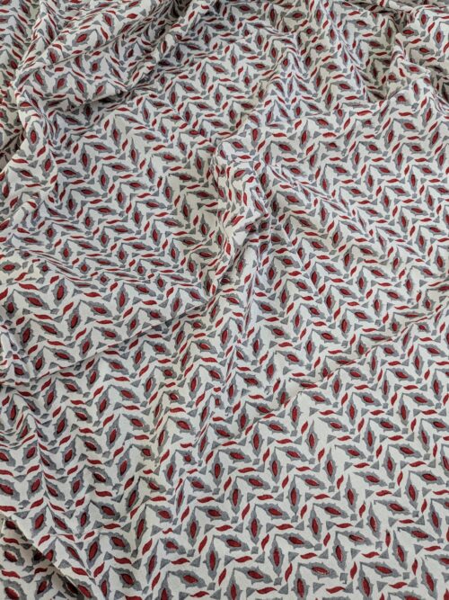 Grey Red Pattern Block Print Fabric