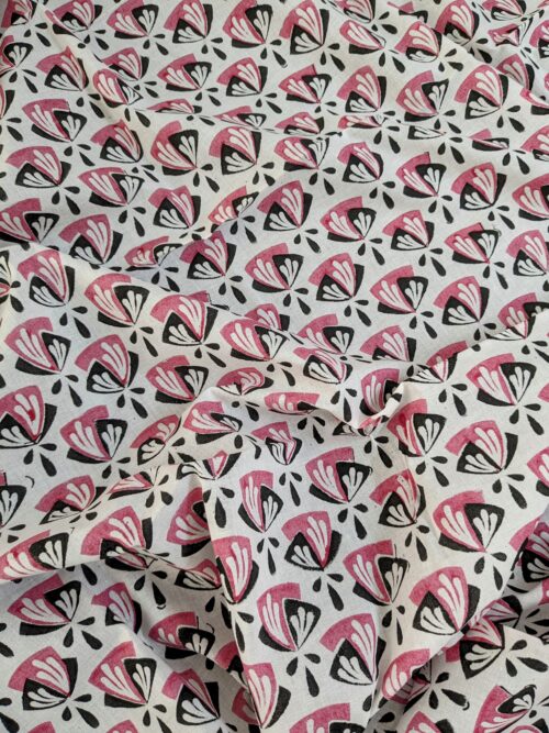 Pink Black Flower Block Print Fabric