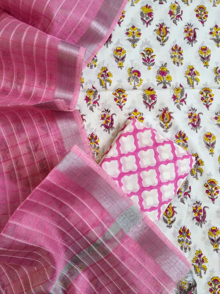 Pink Yellow Booti Hand Block Printed Suit