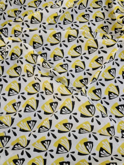 Yellow Black Flower Hand Block Printed Dress Fabric
