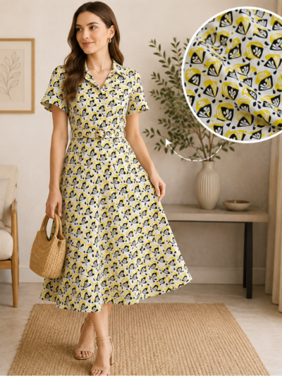 Yellow Black Flower Hand Block Printed Dress Fabric