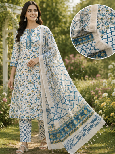 Blue Jaal Hand Block Printed Suit Fabric