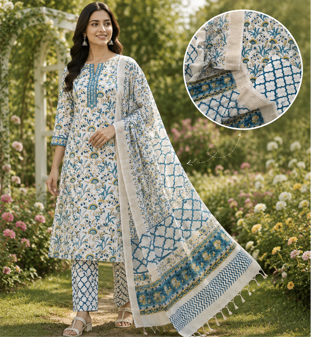 Blue Jaal Hand Block Printed Suit Fabric