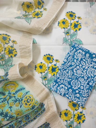 Blue Yellow Boota Hand Block Printed Suit Fabric