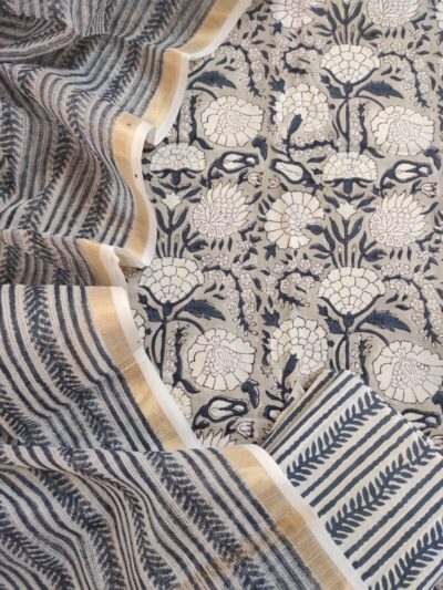 Grey Jaal Hand Block Printed Suit Fabric