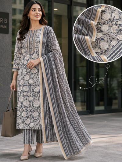 Grey Jaal Hand Block Printed Suit Fabric