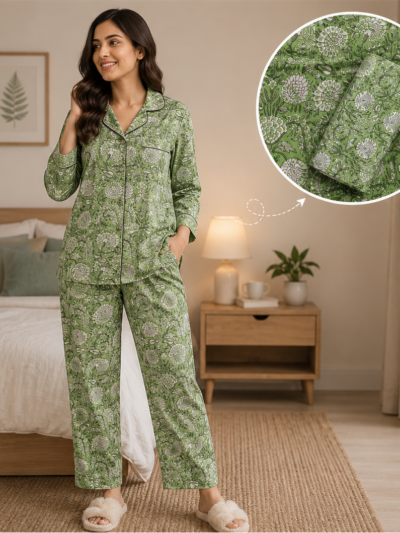 Floral Hand Block Printed Night Set Fabric