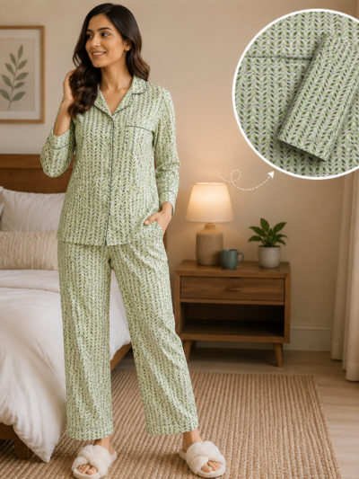 Grey Green Hand Block Printed Night Set Fabric