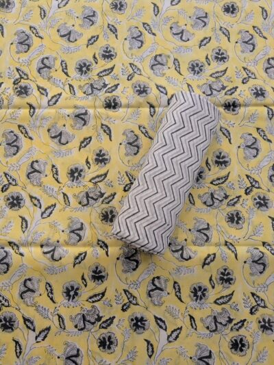 Grey Yellow Jaal Hand Block Printed Kaftan Pant Set Fabric