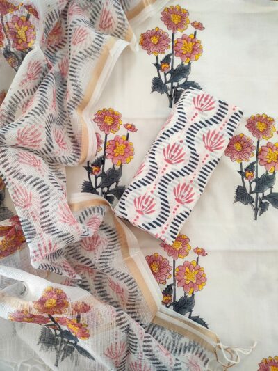 Peach Grey boota Hand Block Printed Suit Fabric