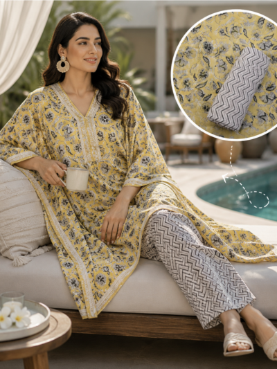 Grey Yellow Jaal Hand Block Printed Kaftan Pant Set Fabric