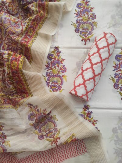 Lavender Yellow Boota Hand Block Printed Suit Fabric