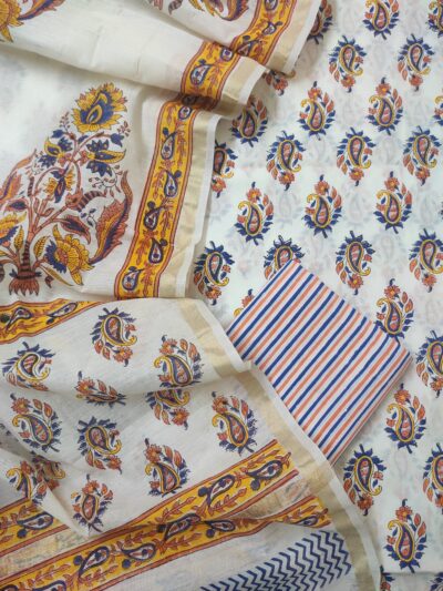 Orange Blue Booti Hand Block Printed Suit Fabric