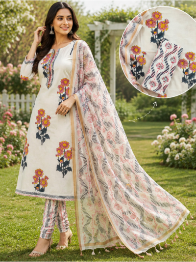Peach Grey boota Hand Block Printed Suit Fabric