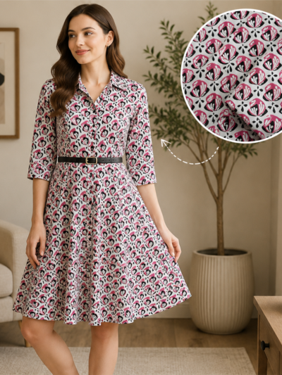 Pink Flower Hand Block Printed Dress Fabric