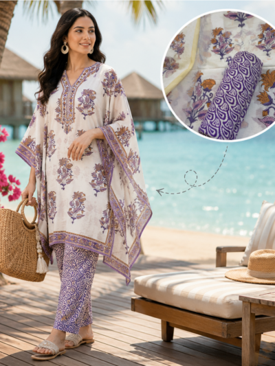 Purple Boota Hand Block Printed Kaftan Pant Set Fabric