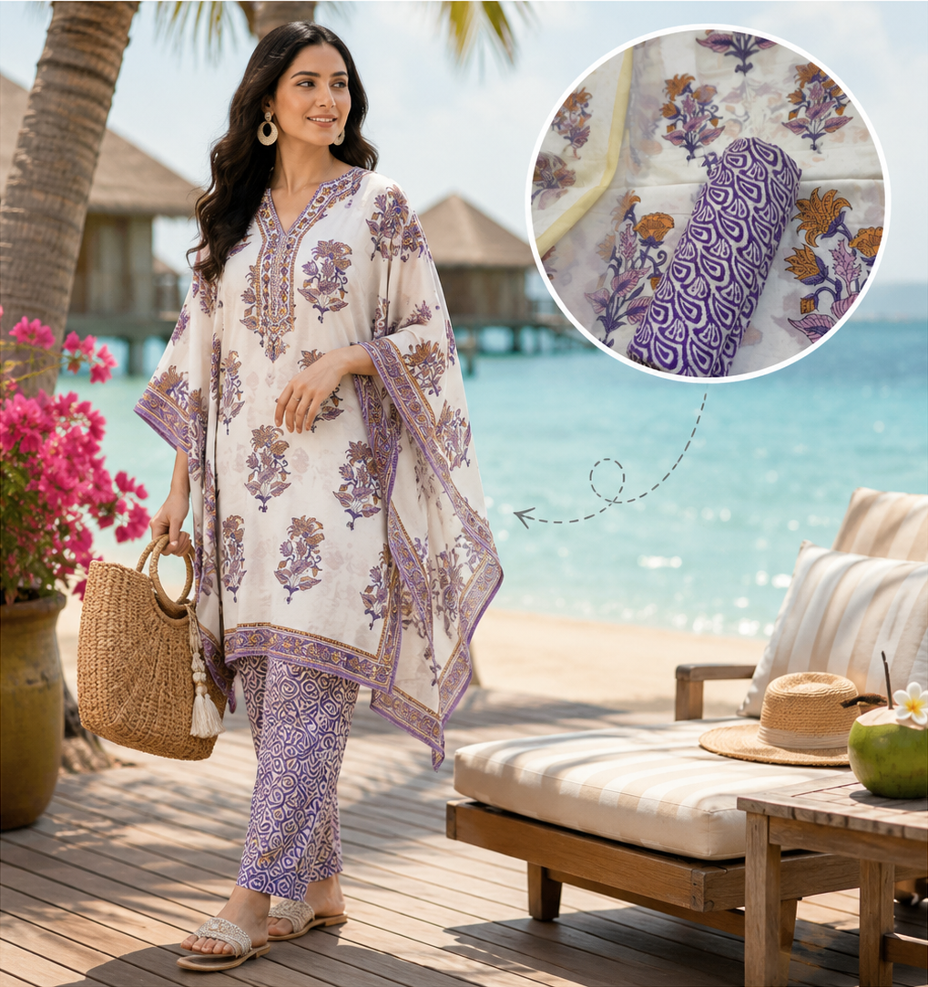 Purple Boota Hand Block Printed Kaftan Pant Set Fabric