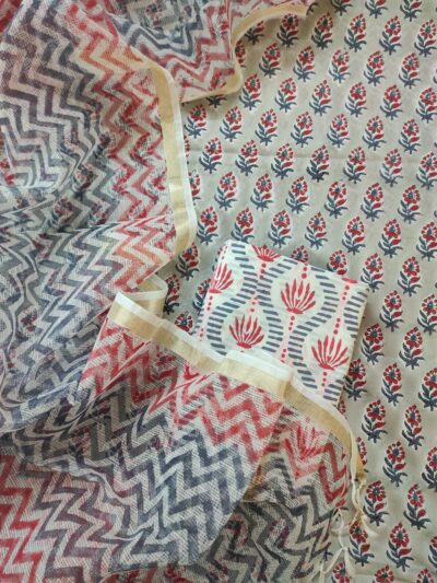 Bluish Grey Red Hand Block Printed Suit Fabric