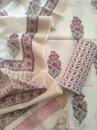 Red Grey Boota Hand Block Printed Suit Fabric