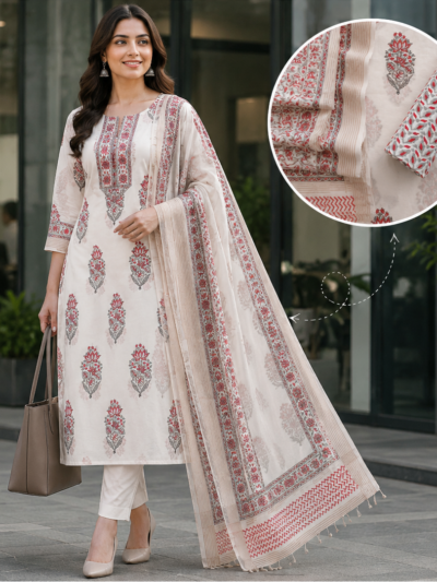 Red Grey Boota Hand Block Printed Suit Fabric