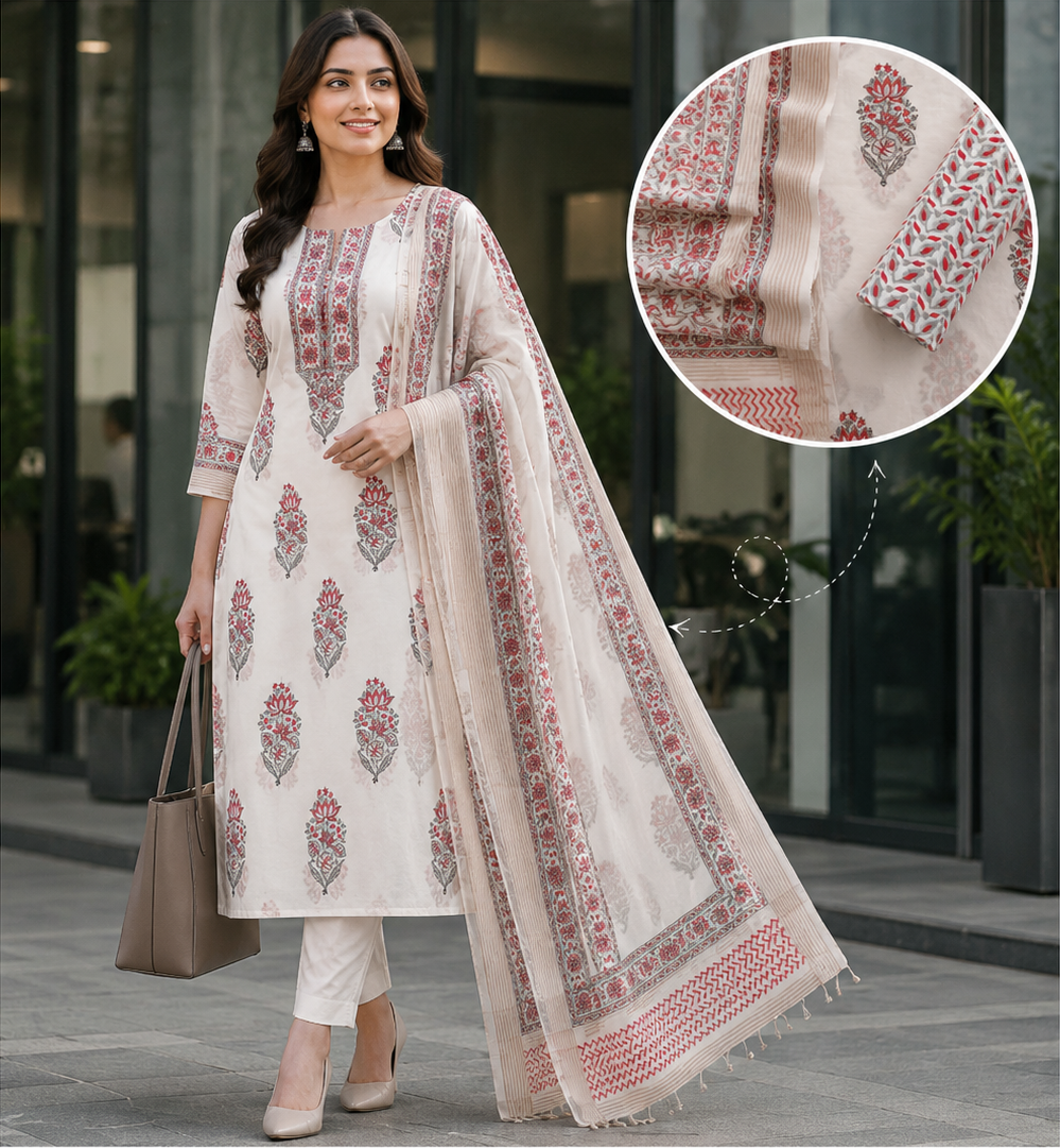 Red Grey Boota Hand Block Printed Suit Fabric