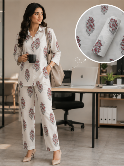 Red Grey Booti Hand Block Printed Co-ord Set Fabric