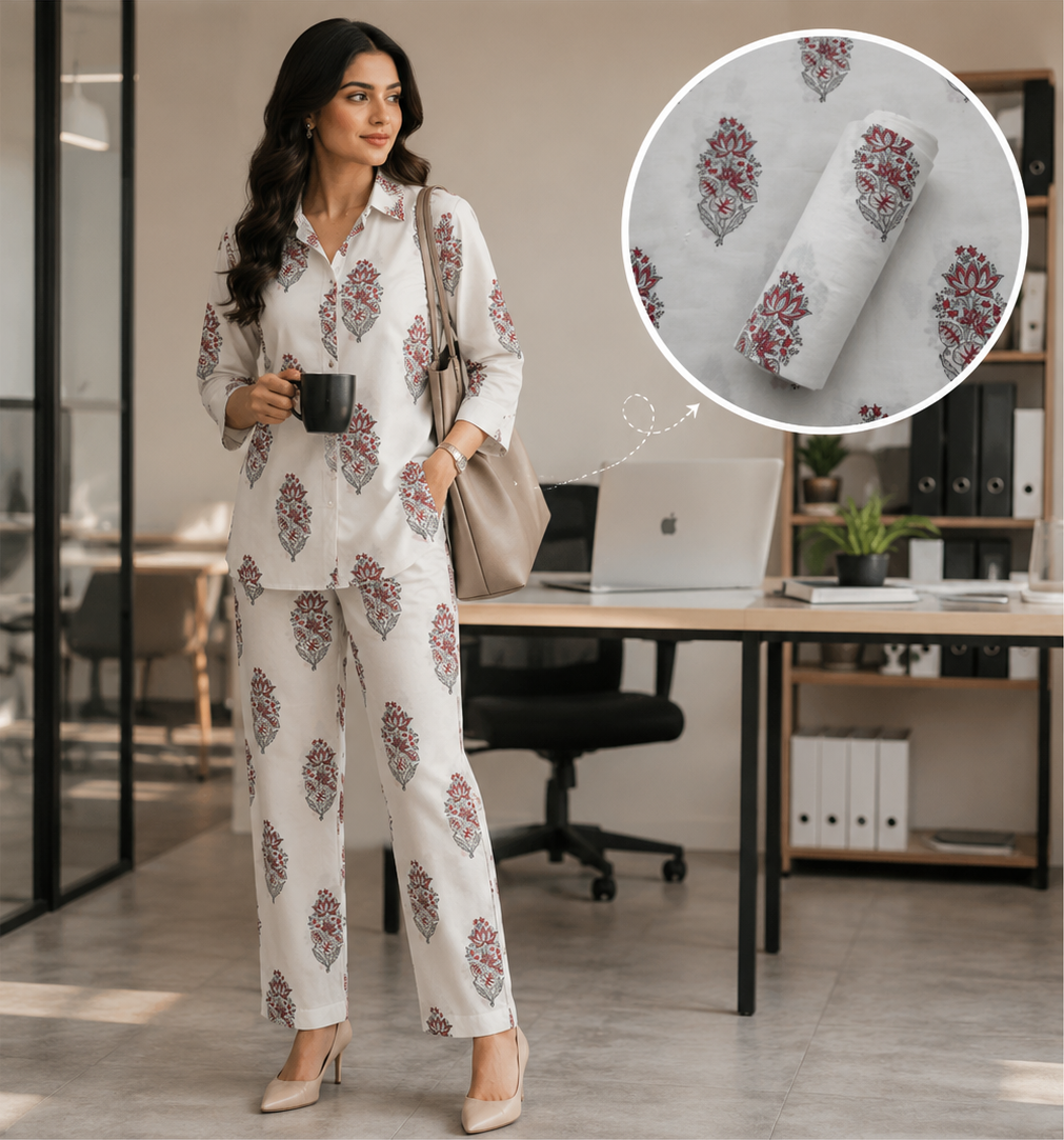 Red Grey Booti Hand Block Printed Co-ord Set Fabric