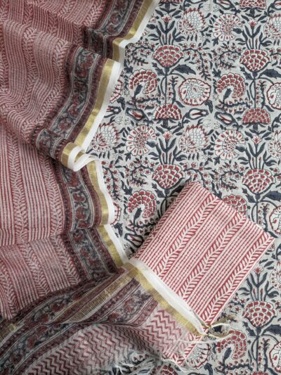 Red Grey Jaal Hand Block Printed Suit Fabric