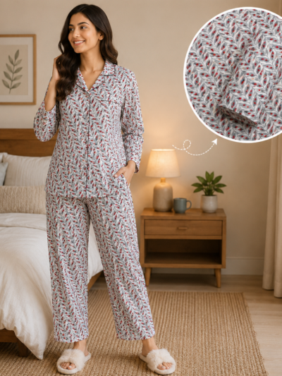 Red Grey Hand Block Printed Night Set Fabric
