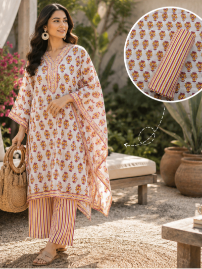 Red Yellow Booti Hand Block Printed Kaftan Pant Set Fabric