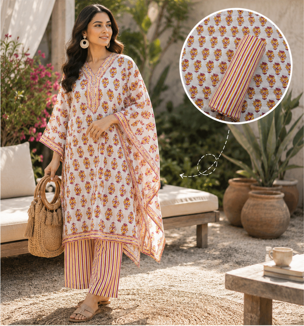 Red Yellow Booti Hand Block Printed Kaftan Pant Set Fabric
