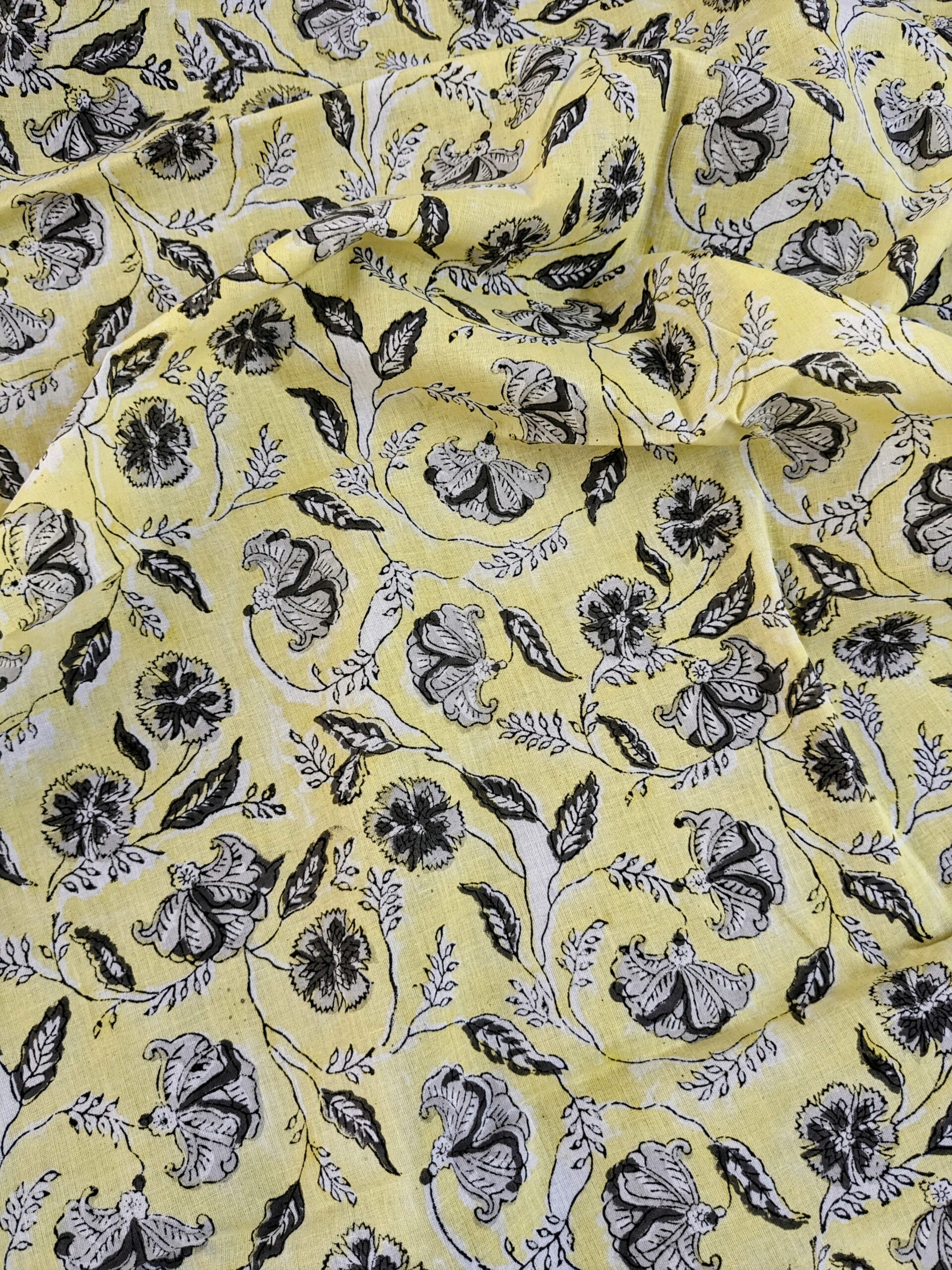 Grey Yellow Jaal Hand Block Printed Kaftan Pant Set Fabric