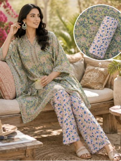 Summery Jaal Hand Block Printed Kaftan Pant Set Fabric
