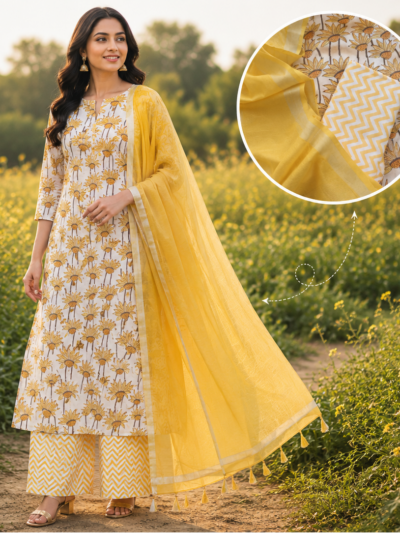 Sunflower Boota Hand Block Printed Suit Fabric