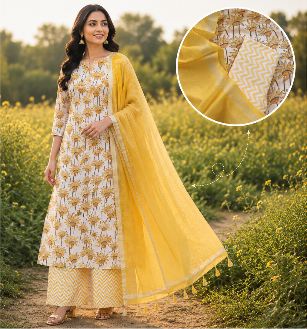 Sunflower Boota Hand Block Printed Suit Fabric