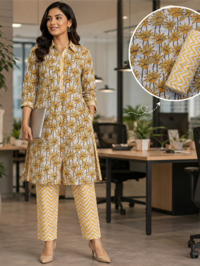 Yellow Sunflower Block Printed Co-ord Set Fabric